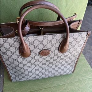 Gucci Beige Monogram Canvas Tote with Brown Leather Trim